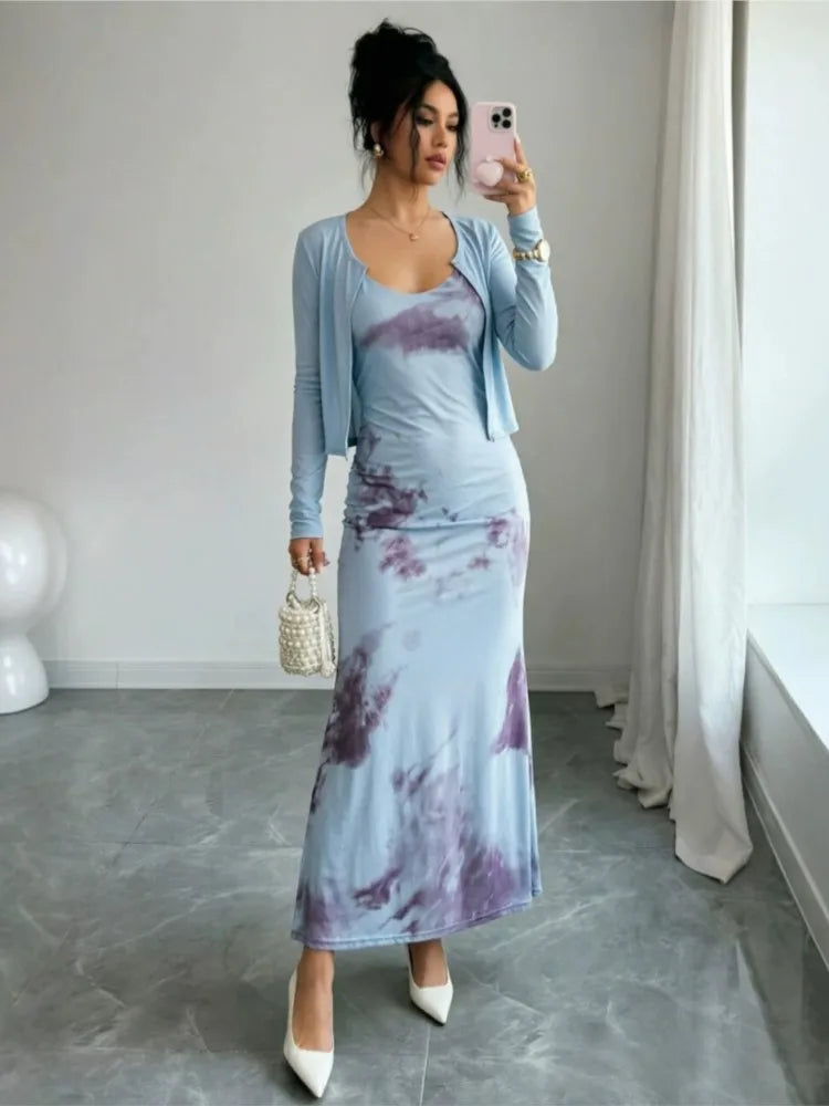 Ensemble élégant 2 pièces imprimé pour femme : Robe moulante mi-longue et cardigan court à manches longues – Tenue décontractée pour le quotidien et le street style