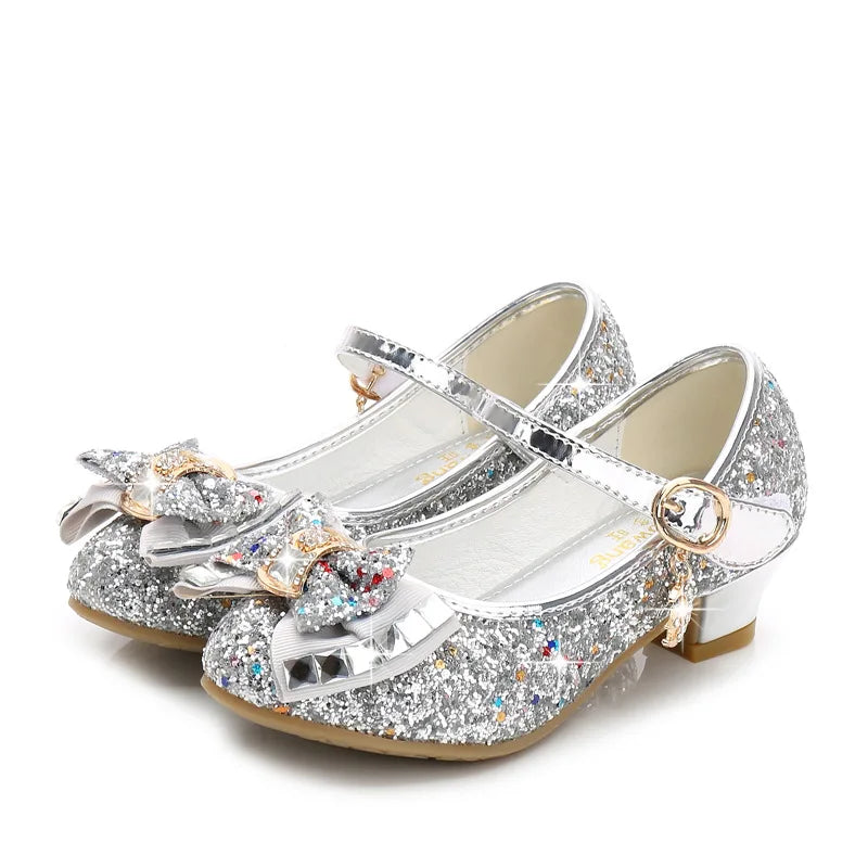 Chaussures princesse en cuir pour filles, chaussures à fleurs décontractées à paillettes, talons hauts, nœud papillon, bleu, rose, argent