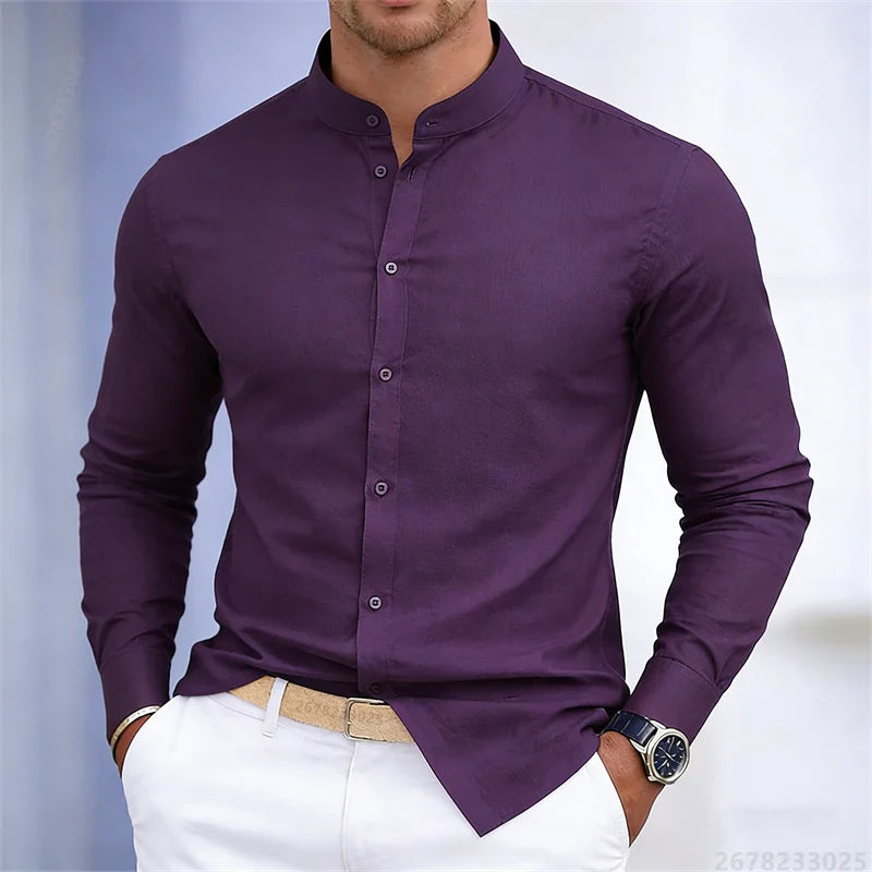 Chemise à manches longues pour homme, col montant, blanche ou noire, couleur unie, coupe ajustée, style business casual, tailles XS-6XL.