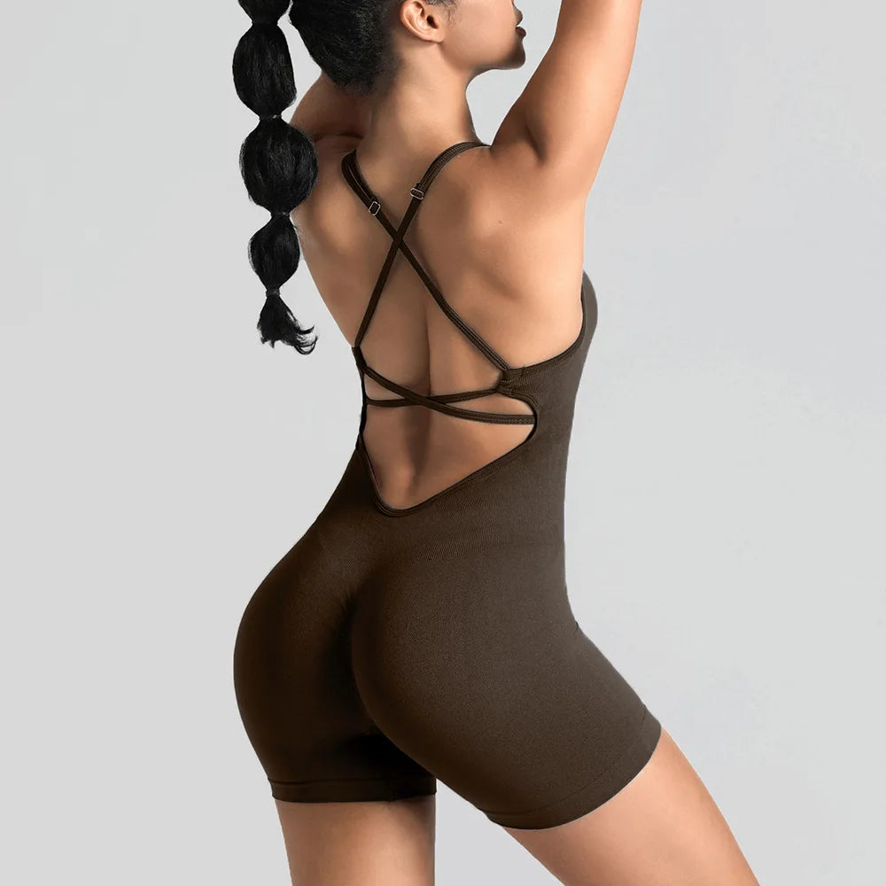 Ensemble de sport moulant sans couture une pièce avec legging de yoga et brassière dos nu sexy pour amincir les hanches et le fitness