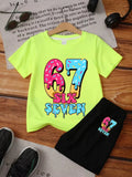 Ensemble 2 pièces pour enfants : T-shirt à manches courtes et short imprimé chiffres 6 et 7, style 'Brainrot' italien amusant, pour garçons
