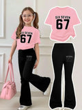 Vêtements pour enfants, ensemble à manches courtes pour filles de 4 à 12 ans, rose et noir, style doux et cool, ensemble pantalon évasé à manches courtes avec imprimé 67 Six Seven, pantalon et haut à manches courtes a