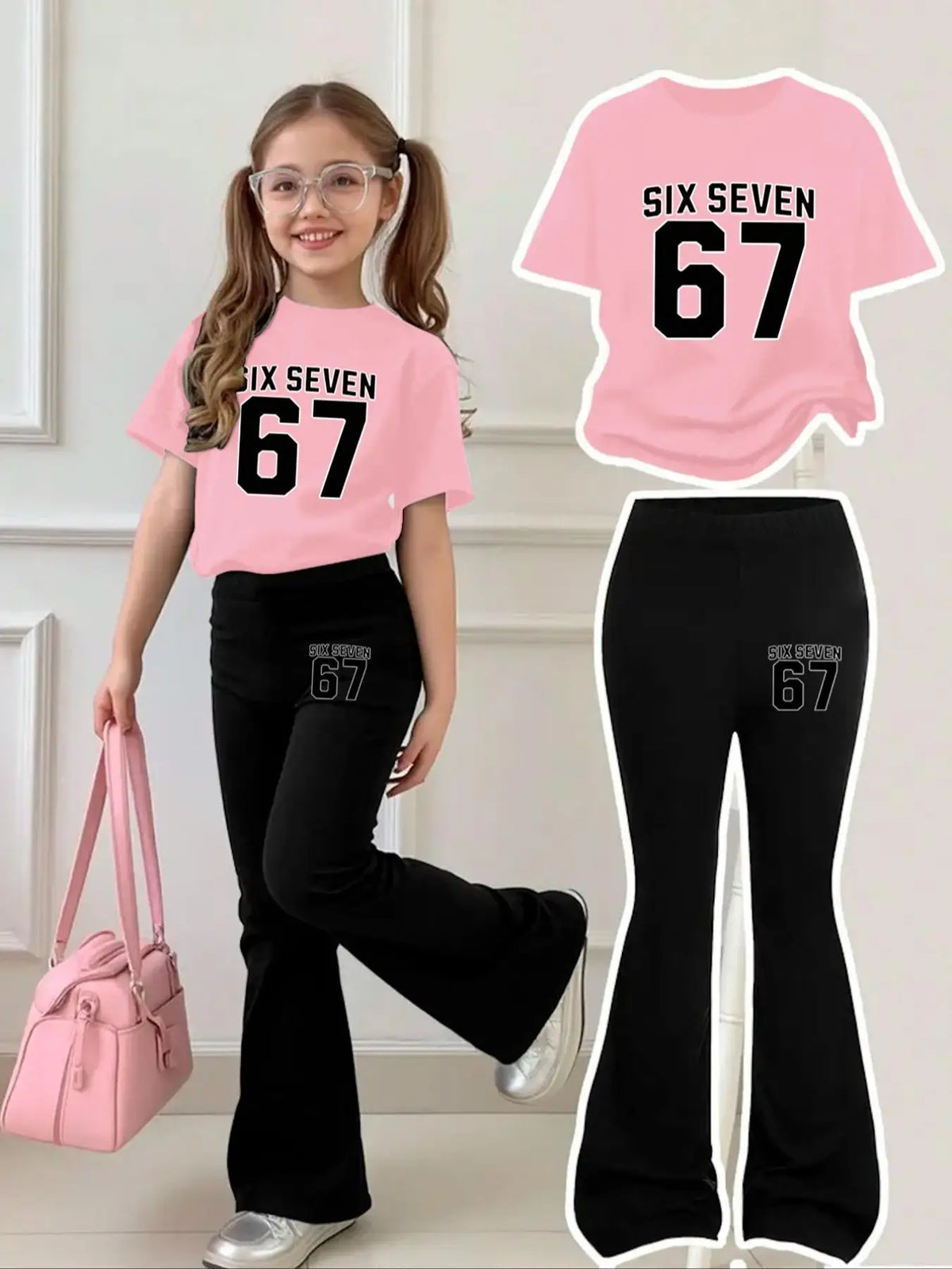 Vêtements pour enfants, ensemble à manches courtes pour filles de 4 à 12 ans, rose et noir, style doux et cool, ensemble pantalon évasé à manches courtes avec imprimé 67 Six Seven, pantalon et haut à manches courtes a