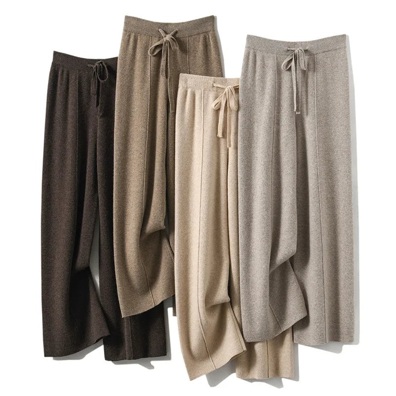 Pantalon large à taille haute en tricot pour femme, couleur unie, coupe ample, style coréen, décontracté, automne-hiver