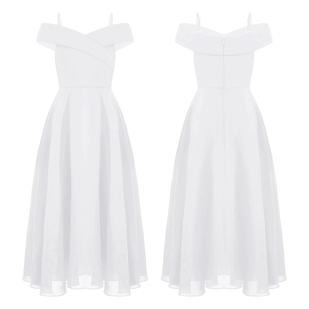 Robe de soirée élégante en mousseline de soie pour filles, épaules dénudées, bretelles Spaghetti réglables, longueur au sol, robe Maxi pour mariage, soirée d'anniversaire