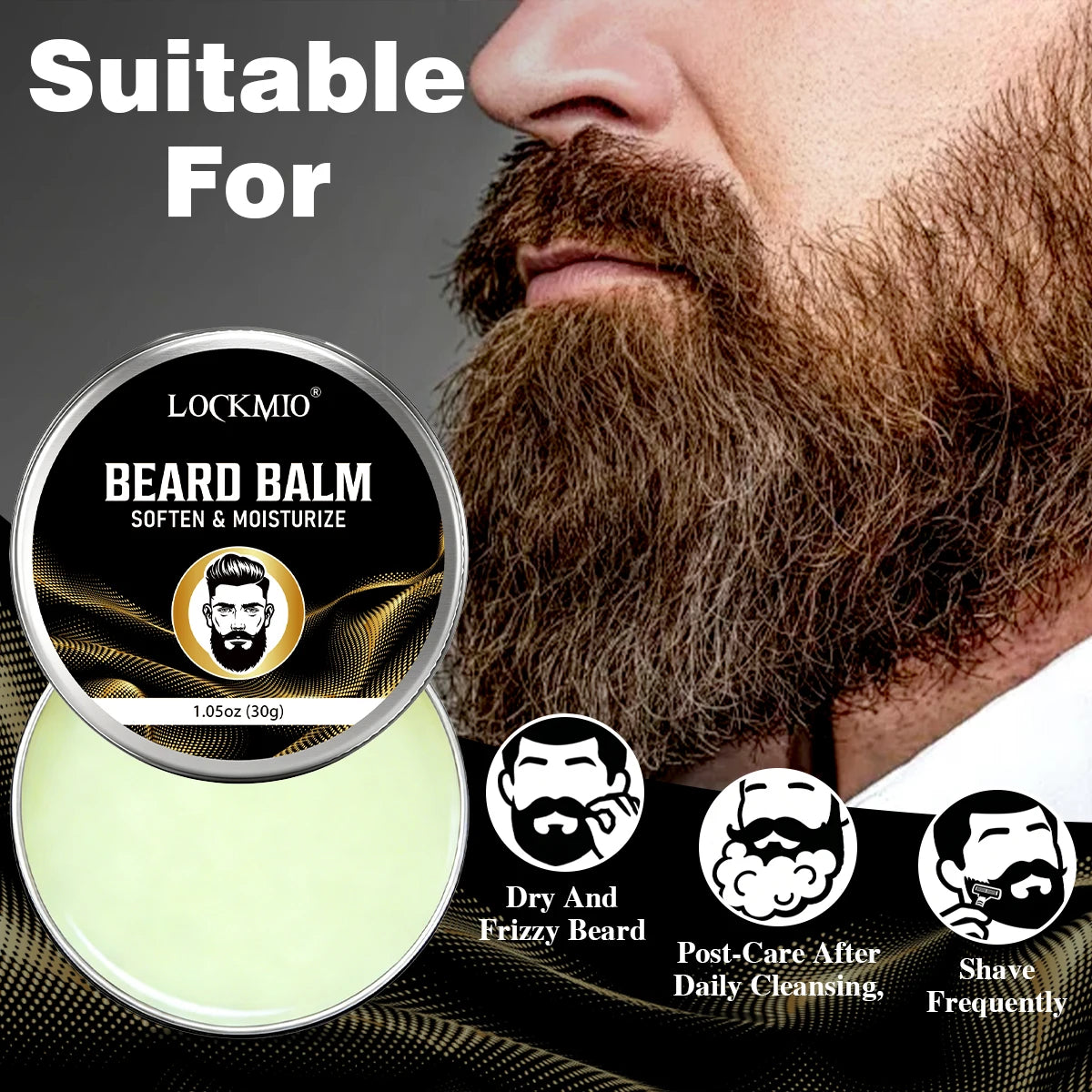 Baume adoucissant et coiffant pour barbe LOCKMIO 30g pour hommes, tenue longue durée, beurre pour moustaches, crème hydratante et définissante pour poils du visage