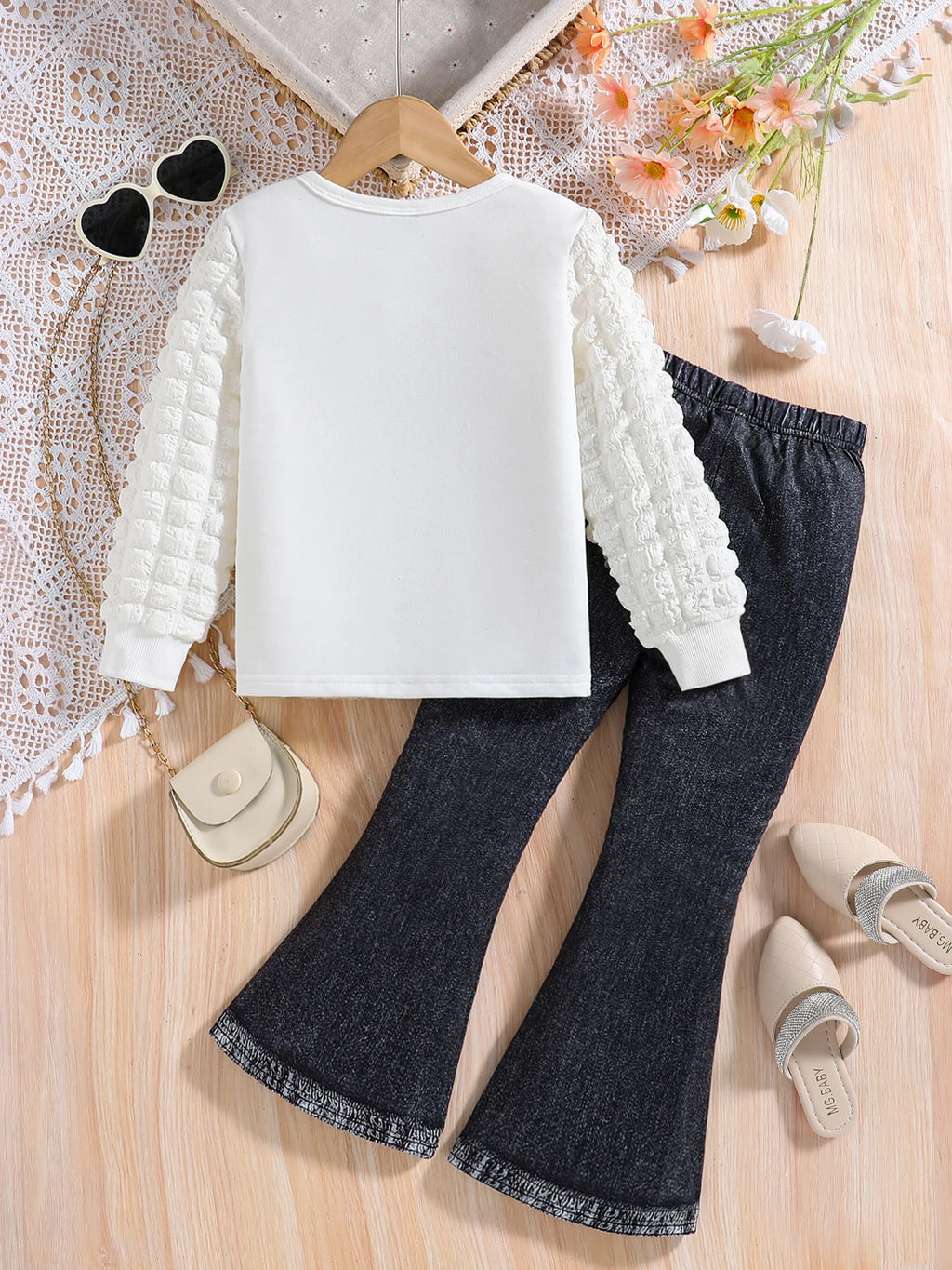 Ensemble de mode pour filles, avec col rond blanc, imprimé de dessin animé, manches longues et pantalon amincissant de couleur unie, deux pièces, printemps et automne