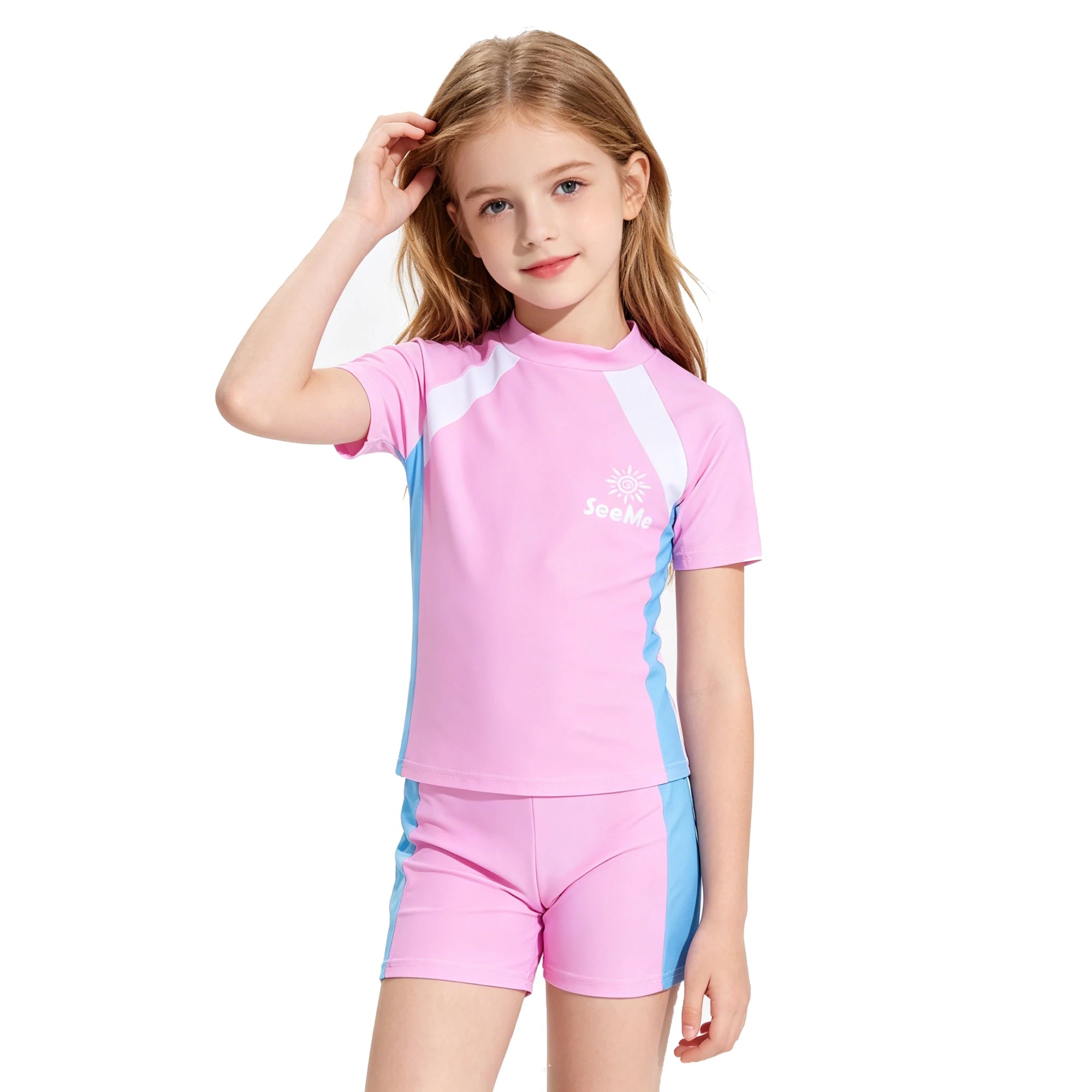 Maillot de bain rose pour filles, ensemble de maillots de bain pour enfants en bas âge, 2 pièces, manches courtes, costume de bain mignon pour enfants de 3 4 5 6 7 8 9 10 ans