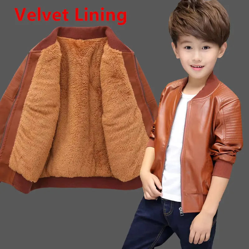 Manteaux pour garçons, mode automne-hiver, deux styles, avec ou sans velours, veste en cuir PU et coton chaud pour enfants de 1 à 11 ans