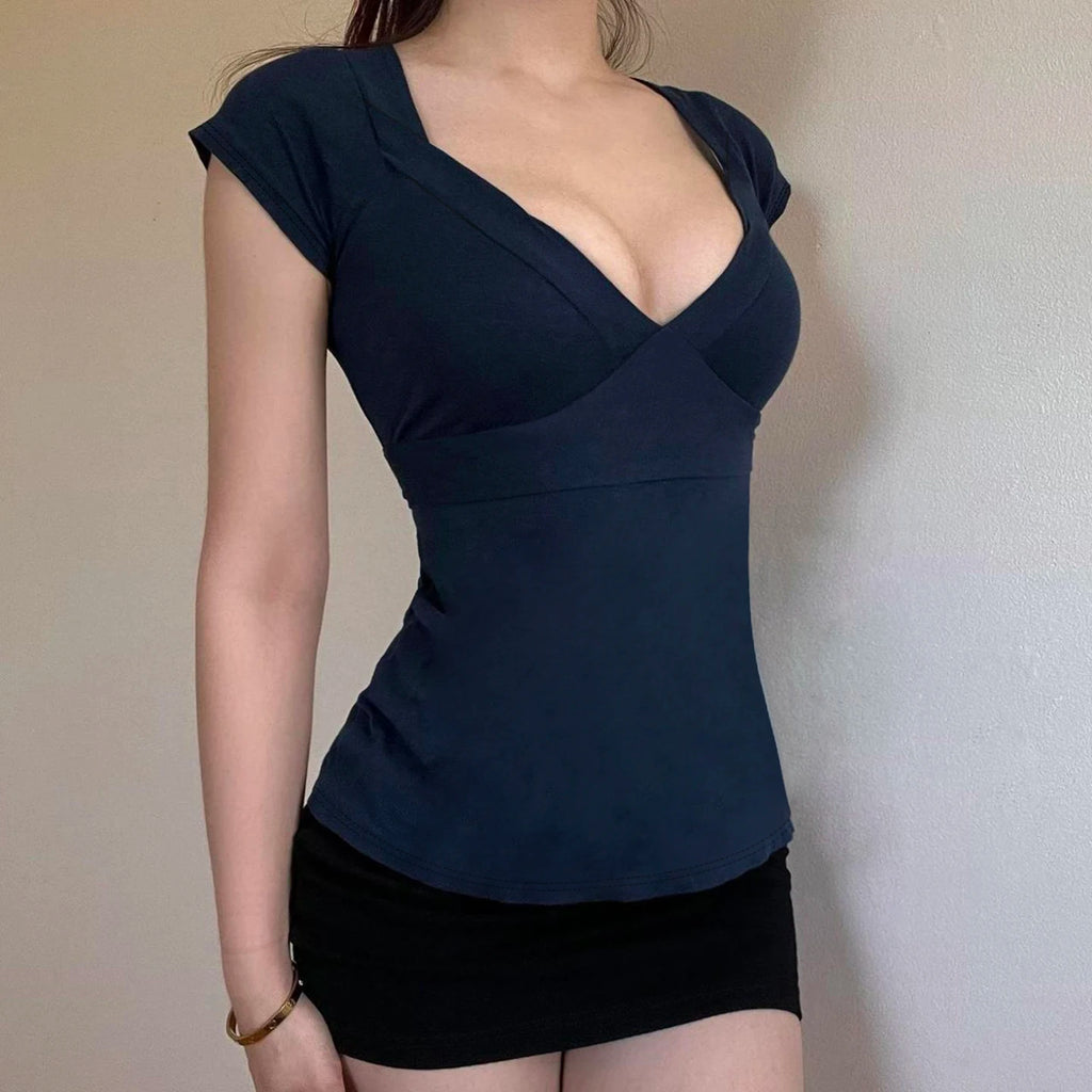 [RUOKE] T-shirt vintage slim fit à col en V pour femme, manches courtes, style bandage, décontracté, basique, crop top, polyvalent, pour le quotidien, printemps-été