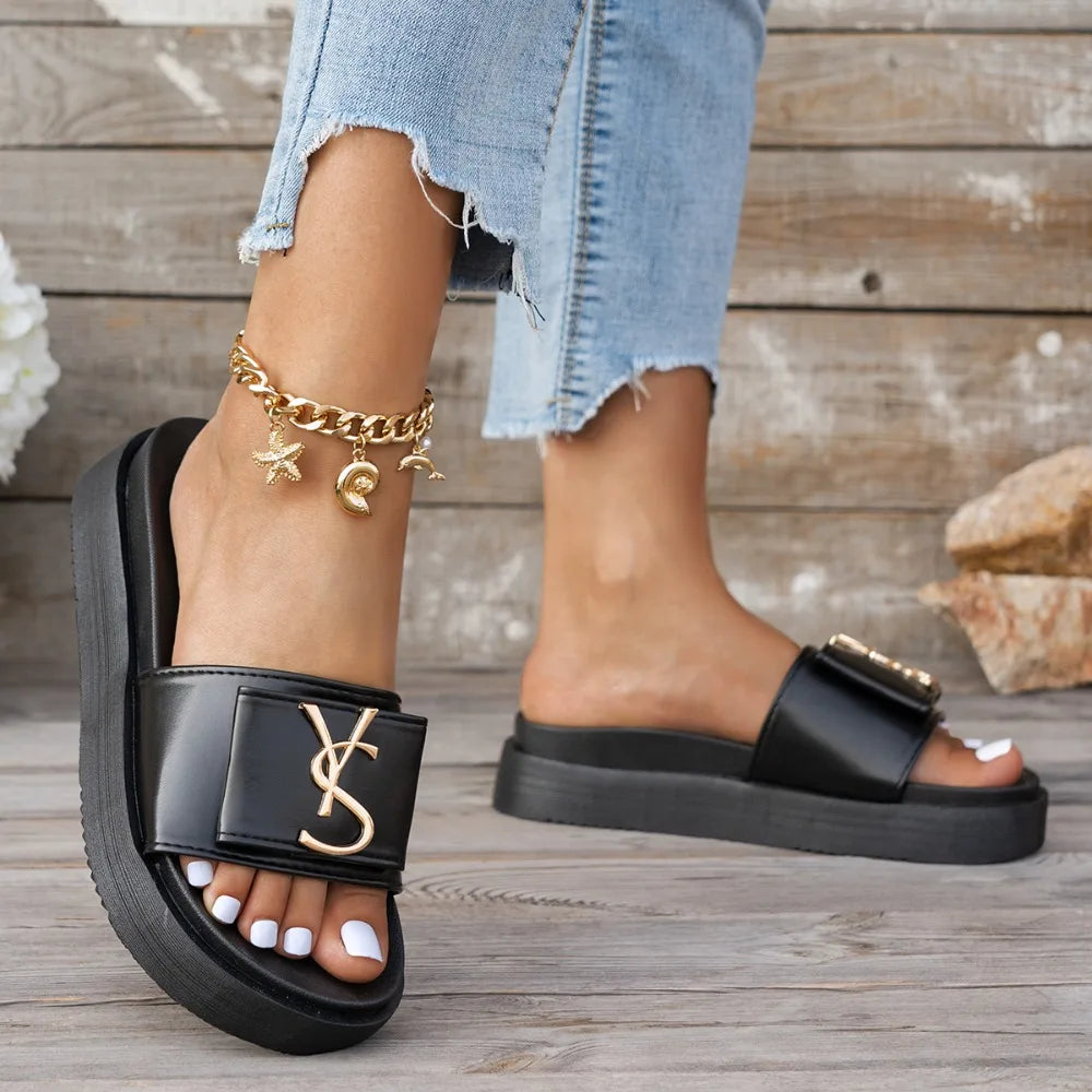 Sandales de luxe pour femmes à plateforme, design tendance avec lettres, décontractées, antidérapantes pour l'extérieur