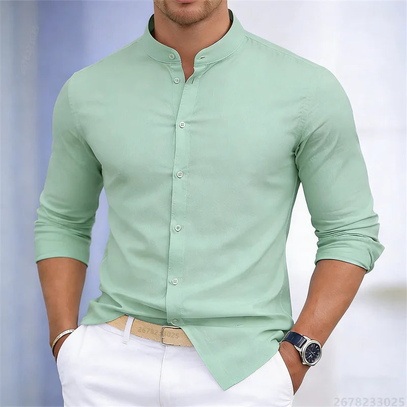 Chemise à manches longues pour homme, col montant, blanche ou noire, couleur unie, coupe ajustée, style business casual, tailles XS-6XL.
