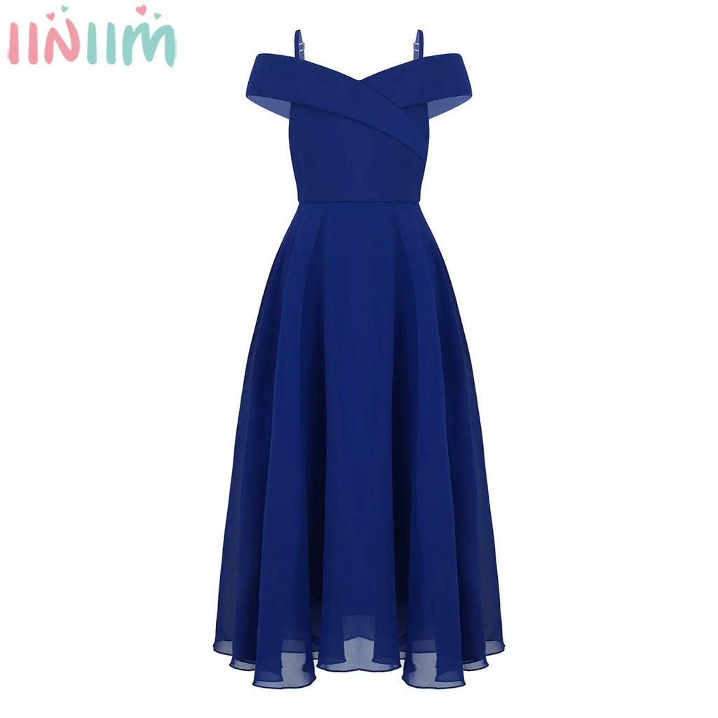 Robe de soirée élégante en mousseline de soie pour filles, épaules dénudées, bretelles Spaghetti réglables, longueur au sol, robe Maxi pour mariage, soirée d'anniversaire
