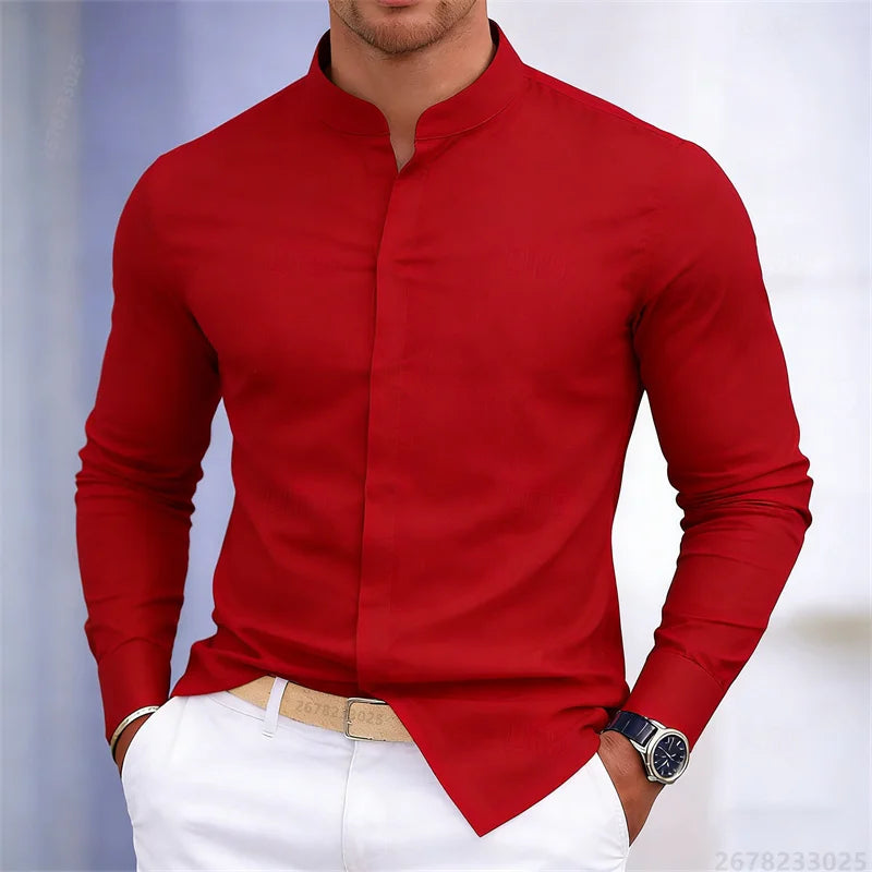 Chemise à manches longues pour homme, col montant, blanche ou noire, couleur unie, coupe ajustée, style business casual, tailles XS-6XL.