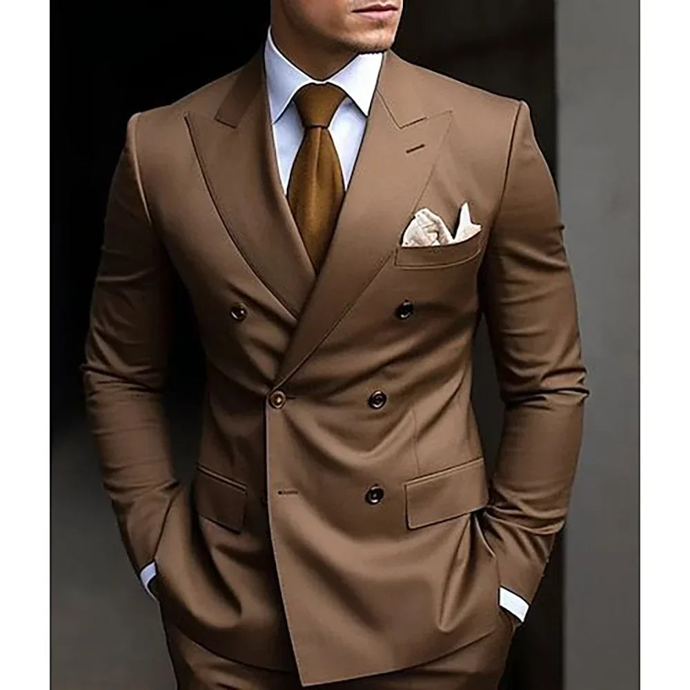 Costumes de mariage sur mesure à double boutonnage pour hommes, blazer formel à revers pointu imbibé, coupe couvertes, veste et pantalon 2 pièces, marron, haute qualité, 2024