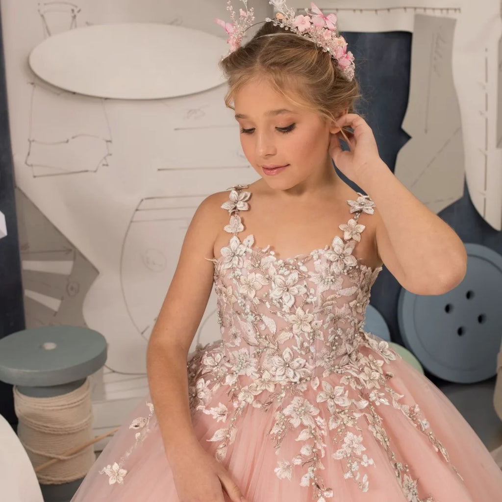 Robe à fleurs rose clair personnalisée pour filles, en Tulle, avec des Appliques de fleurs, sans manches, pour mariage, fête d'anniversaire, bal, Banquet, robe de princesse
