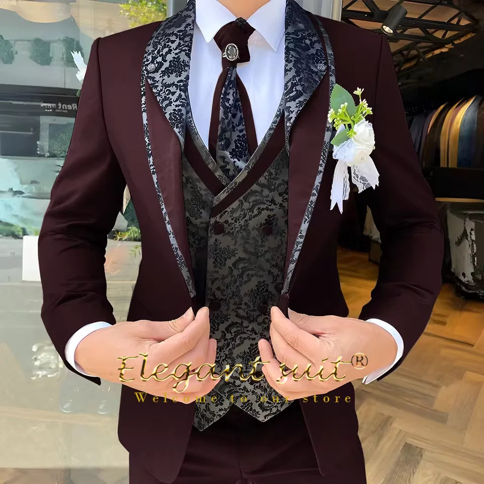 Ensemble de costume 3 pièces pour hommes, gilet jacquard noir, style contrasté, costume, gilet et pantalon, choix de mariages et de célébrations
