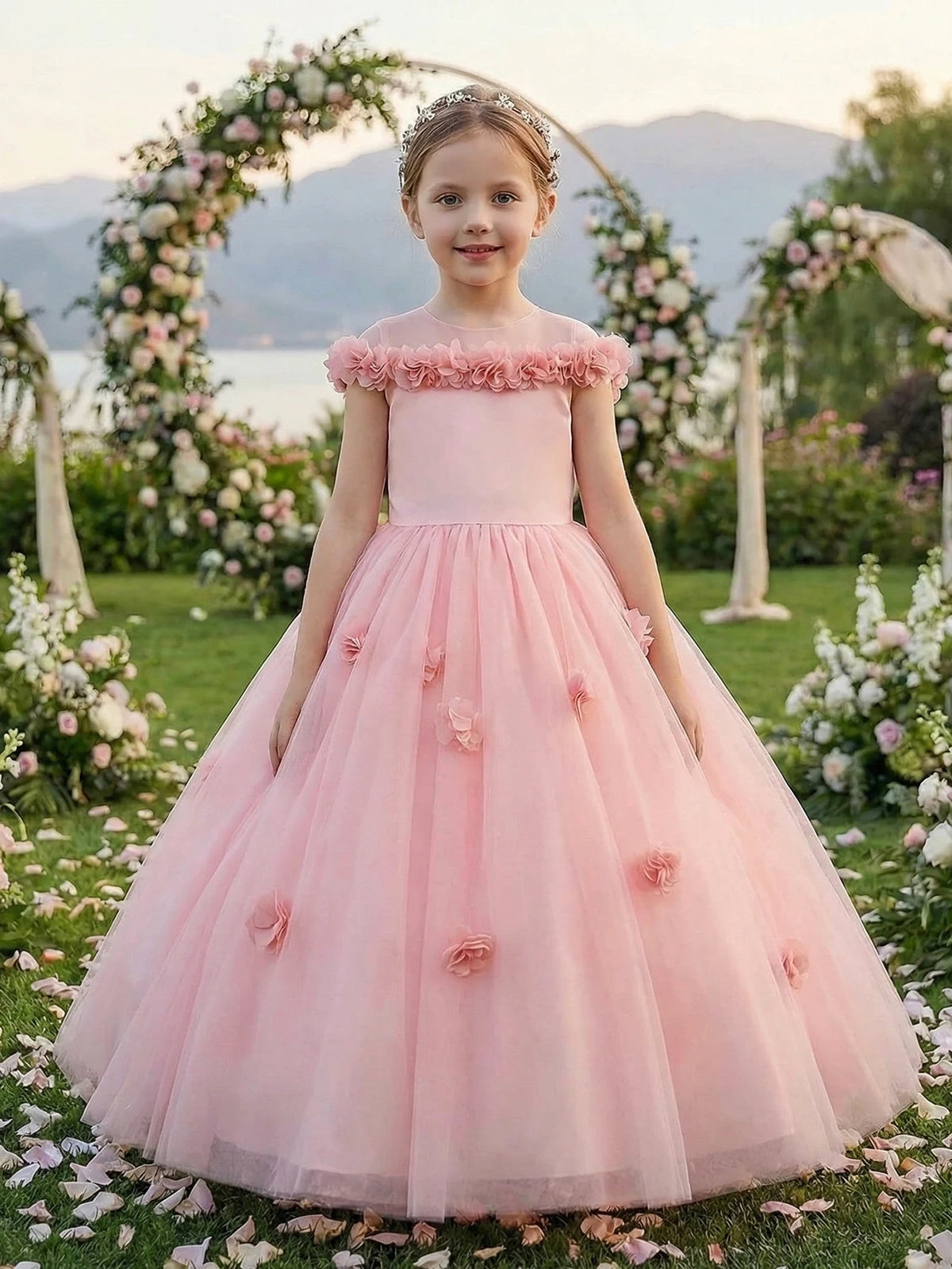 Robe de princesse florale pour adolescentes, ornée de fleurs 3D, confectionnée en tulle luxueux, idéale pour les fêtes et les mariages