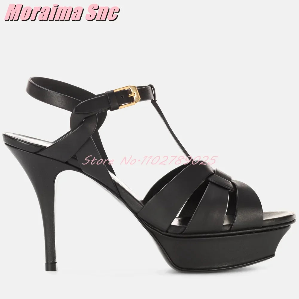 Waeve-Sandales à plateforme en cuir verni pour femmes, bride en T, talon aiguille carré, sangle de rinçage, chaussures provoqué à la mode sexy