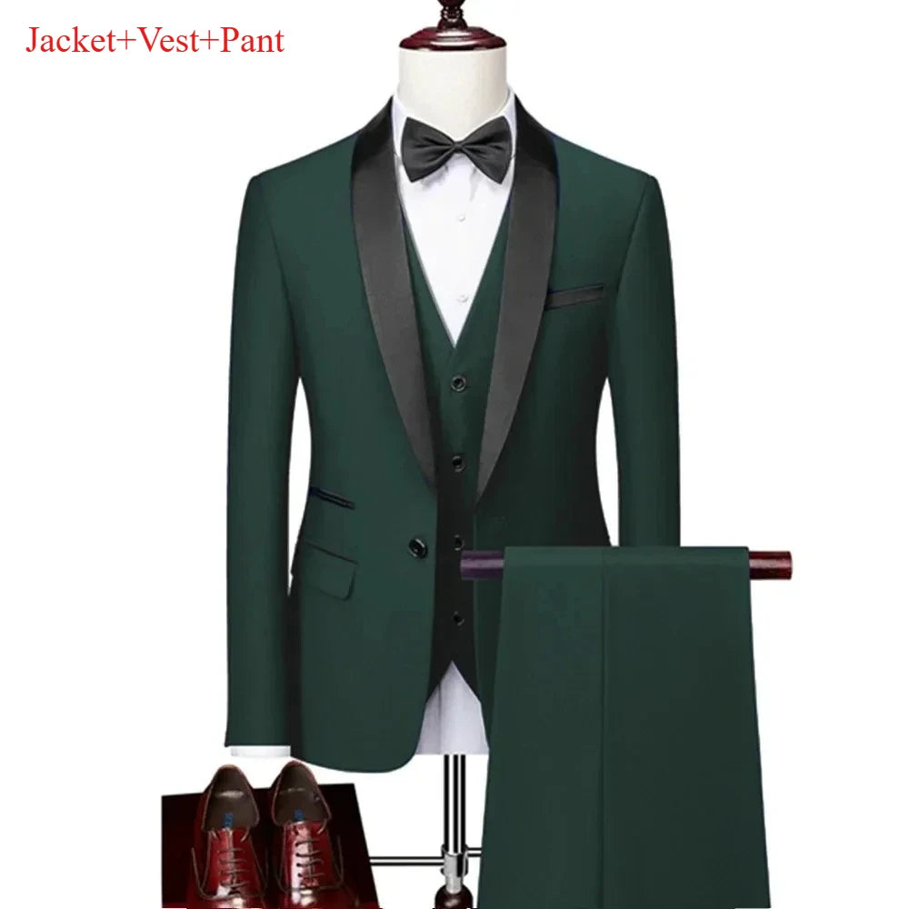 Ensemble de costume noir à revers pour hommes, manteau, gilet, pantalon/affaires pour garçons d'honneur, robe de mariée, pantalon Blazer Fprmal
