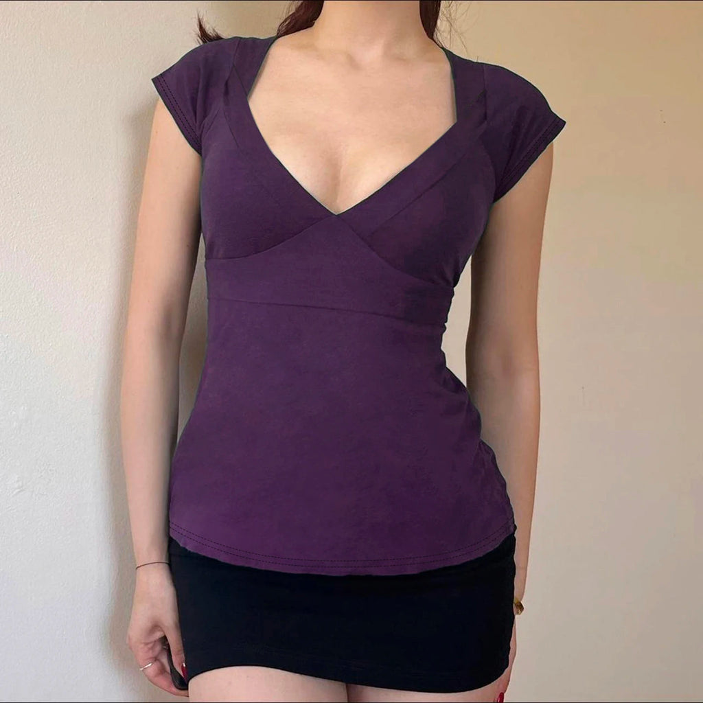 [RUOKE] T-shirt vintage slim fit à col en V pour femme, manches courtes, style bandage, décontracté, basique, crop top, polyvalent, pour le quotidien, printemps-été