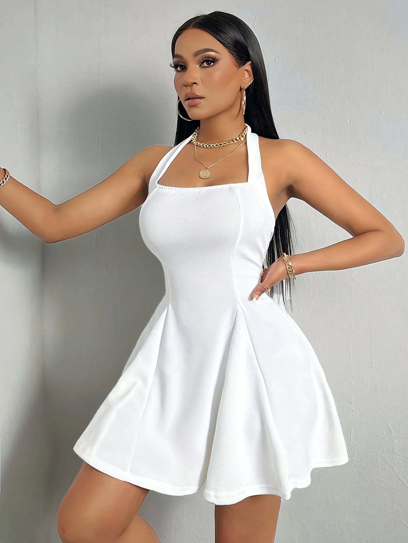 Robe élégante et tendance pour femmes, couleur unie, col halter, col carré