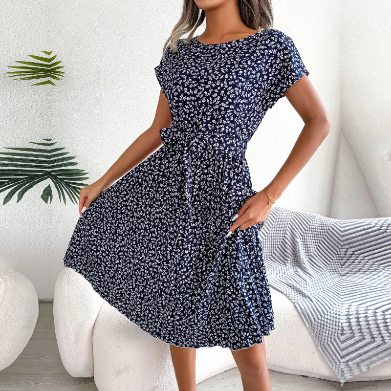 Gaun Berlipat Floral Wanita Midi Perban, Ruched Lengan, Pendek Leher-o Kasual Musim, Boho Chic A Line Pantai Wanita