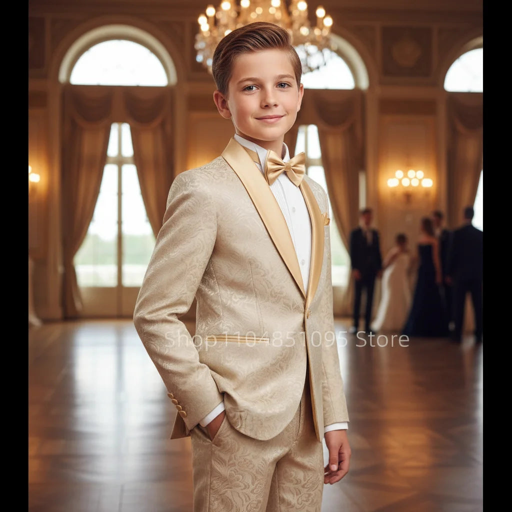 Costume de mariage formel 2 pièces en jacquard pour garçons, blazer à revers châle avec pantalon, coupe ajustée, smoking, costume d'affaires pour enfants, fête, bal de promo