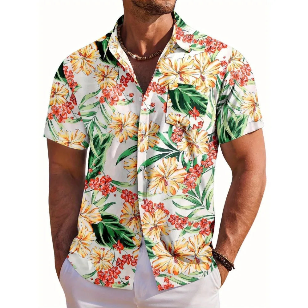 Men's Short Sleeve Shirt Hawaiian Botanical Flower Print Lapel Seaside Button-Down Shirt Top Casual Fashionable Shirts