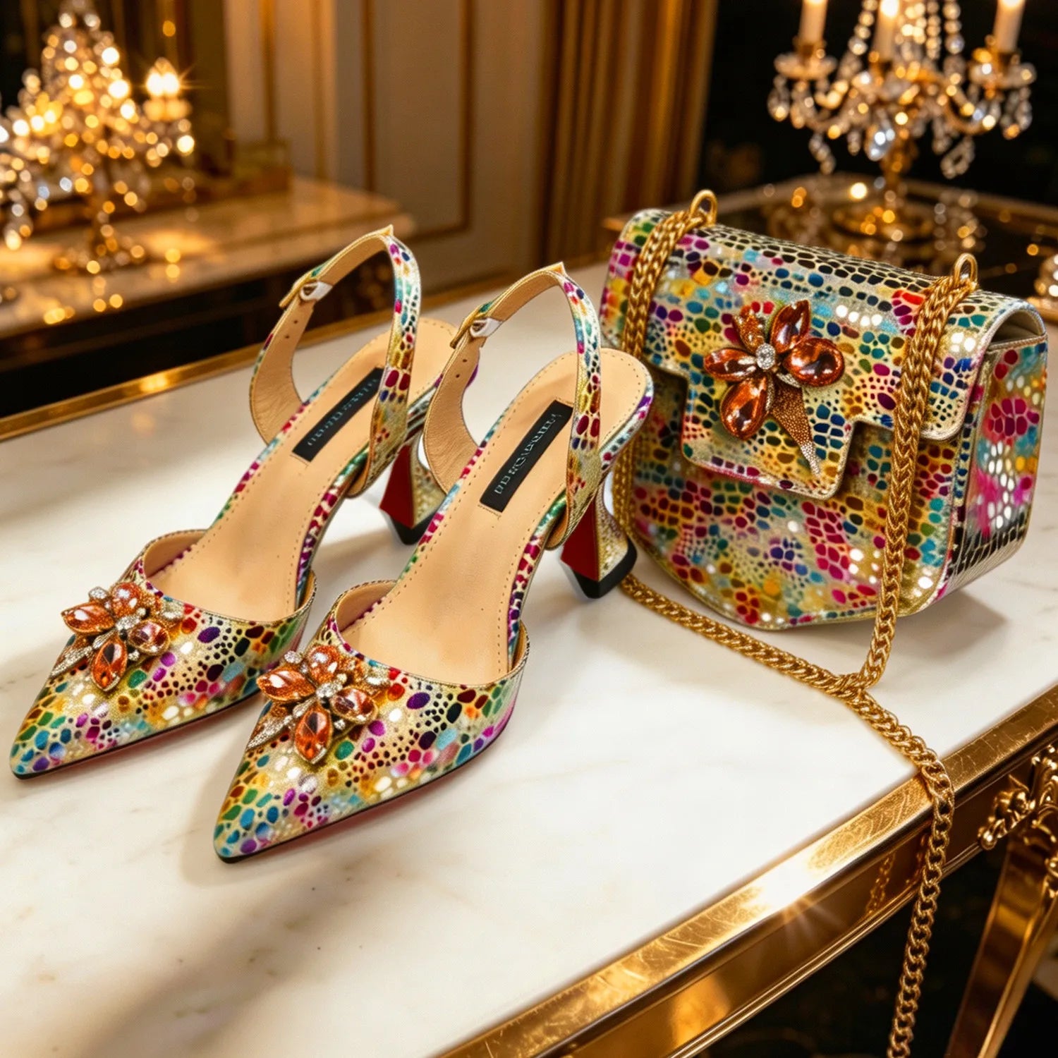 Ensemble élégant de talons à strass et sac assorti Venus Chan, talons carrés à bout pointu imprimés colorés pour les soirées de banquet et les sorties en boîte de nuit