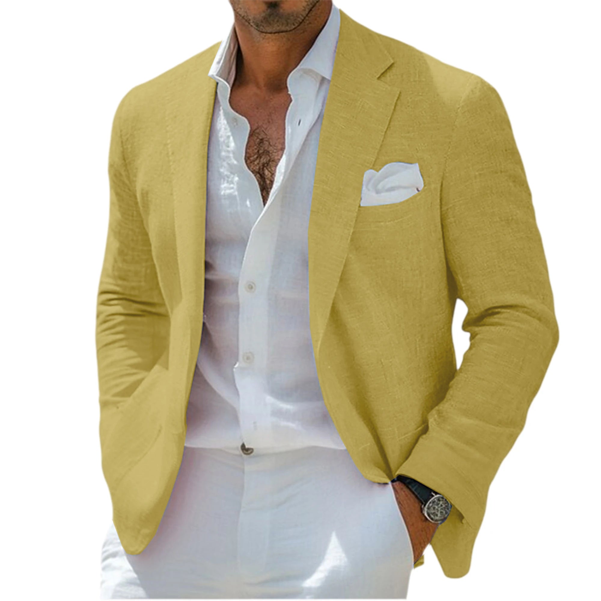 Blazer en lin pour homme, revers cranté, 2 boutons, coupe ajustée, veste de costume légère et respirante, idéale pour l'été, la plage, les mariages, le sport ou le quotidien