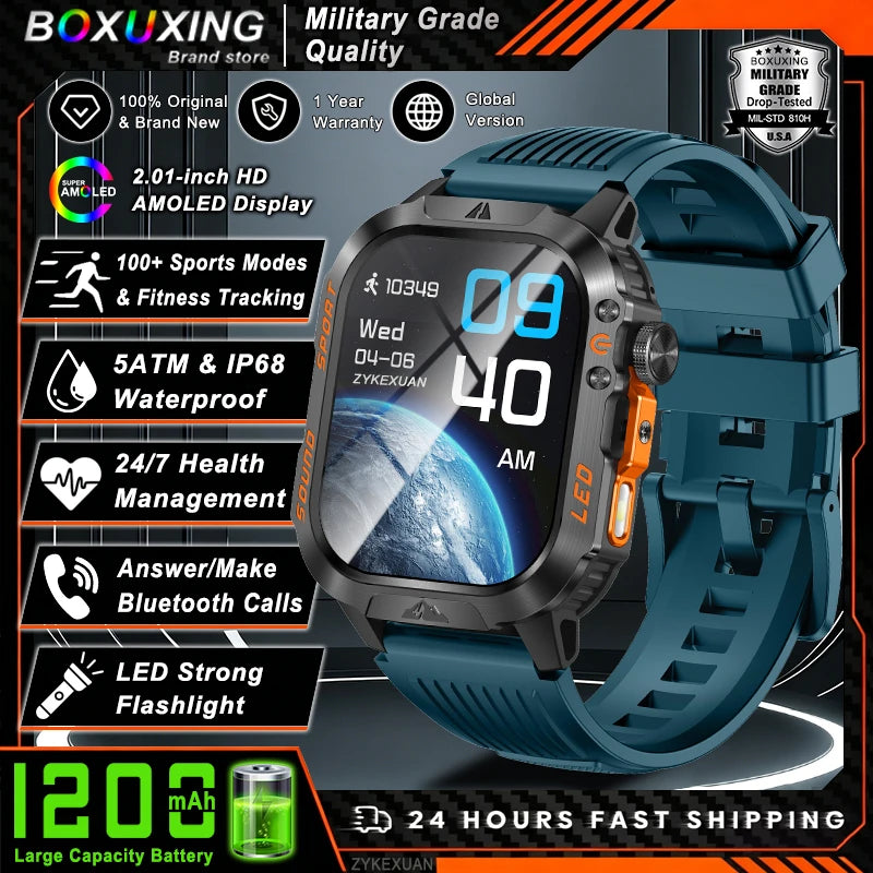 Nouvelle montre connectée militaire 2026 pour hommes, batterie 1200 mAh, étanche 5ATM, suivi d'activité, santé, fréquence cardiaque, compatible iOS et Android