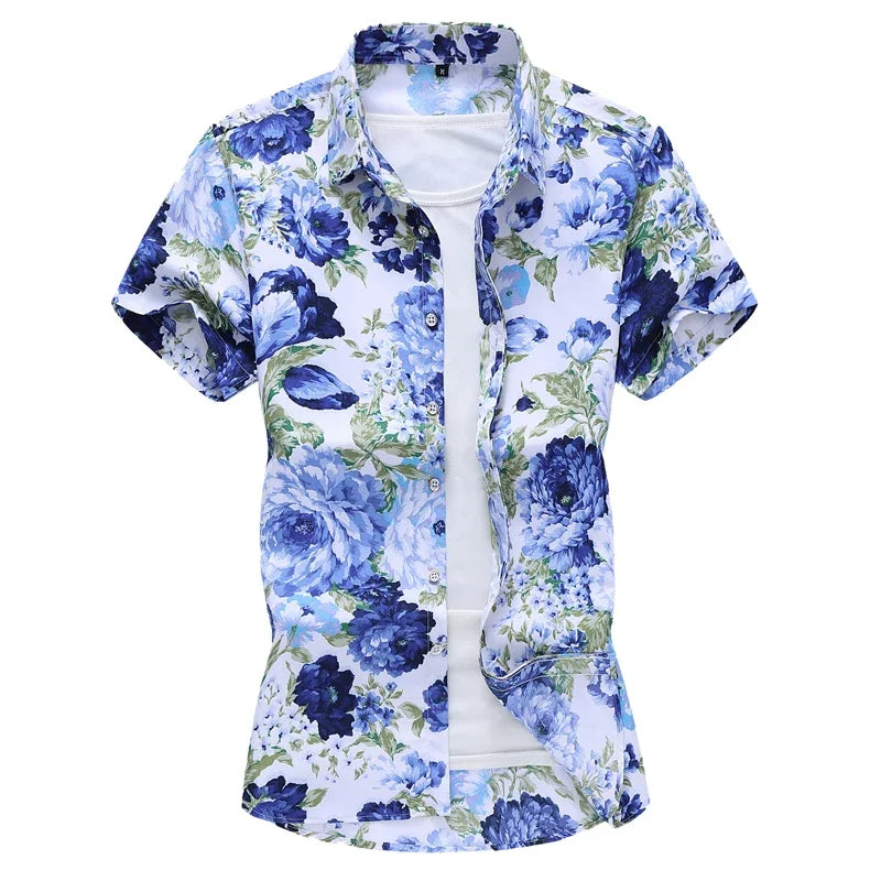 Chemise imprimée pour hommes, chemises de plage à manches courtes col carré simple boutonnage noir violet Camisa taille asiatique M-7XL