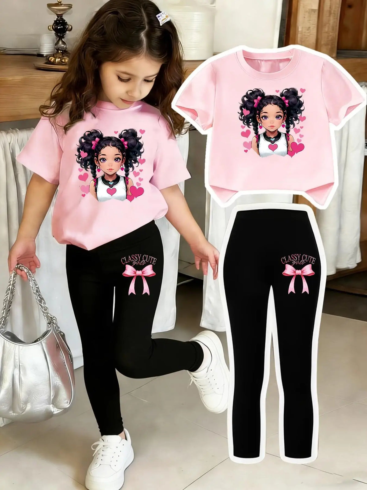 Ensemble à manches courtes pour filles : haut à manches courtes classique + leggings noirs, ensemble deux pièces avec pantalon imprimé à nœuds et haut imprimé, adapté aux enfants de 4 à 12 ans, tenue décontractée p
