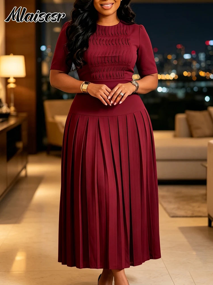 Robe longue plissée élégante bordeaux pour femme Mlaiscsr, col rond, manches mi-longues, jupe fluide évasée pour mariages à l'église et événements formels
