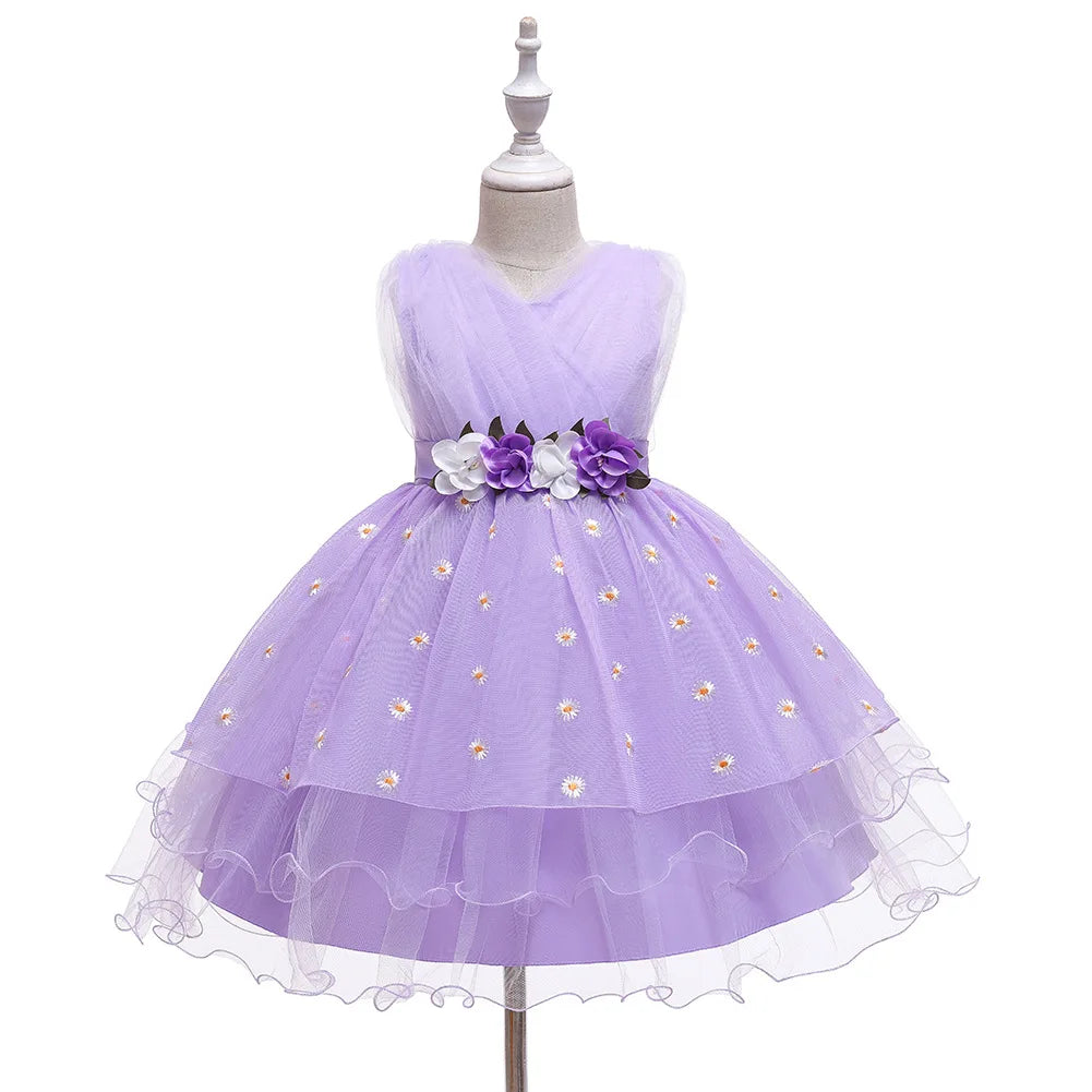 Robe de princesse pour enfants, robe de spectacle pour filles, jaune fleuri, super féerique, sans manches
