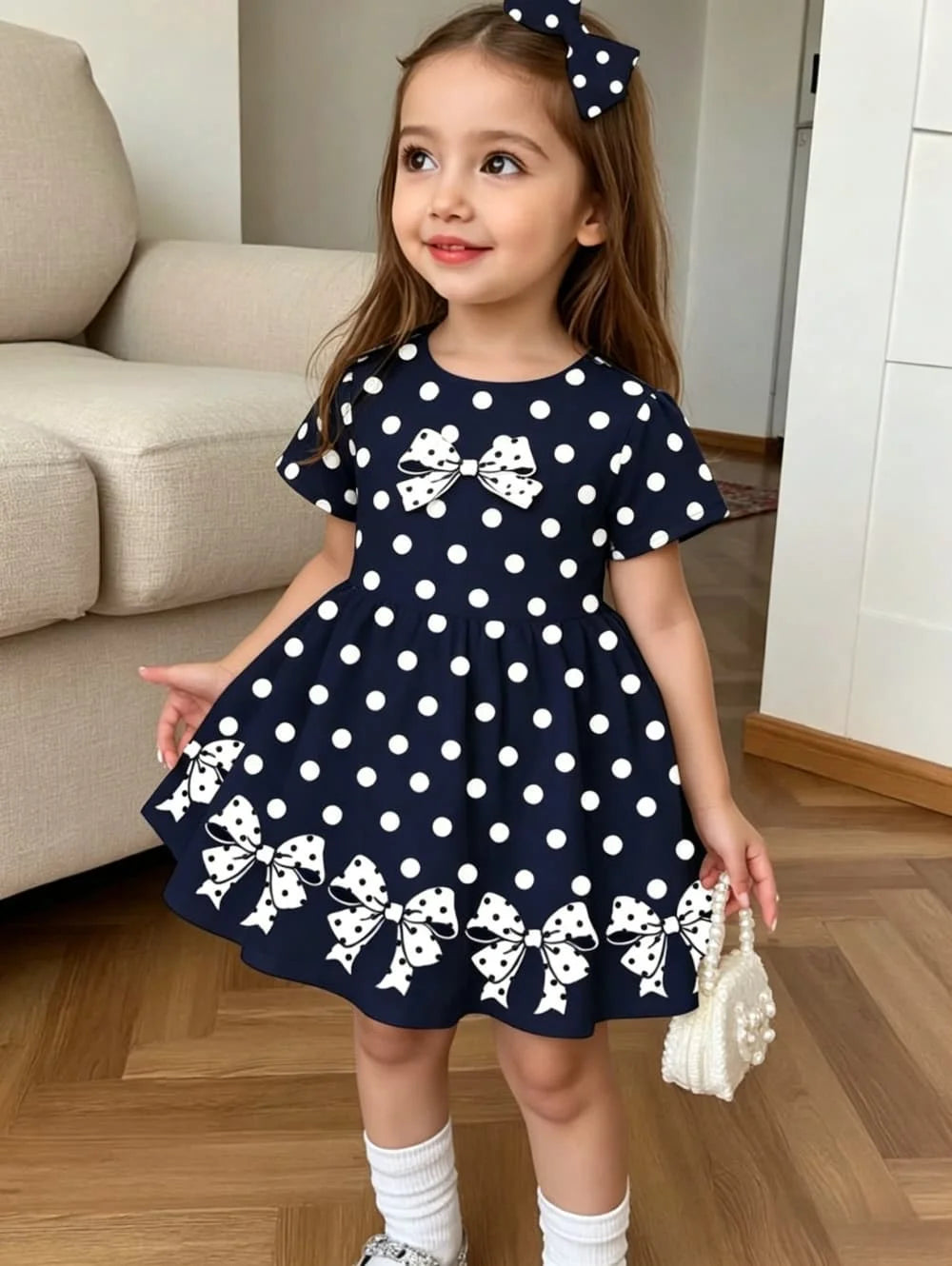 Robe mignonne à pois avec nœud imprimé en 3D pour filles, robe décontractée à manches courtes, vêtements confortables pour filles, hauts d'été, vêtements pour enfants