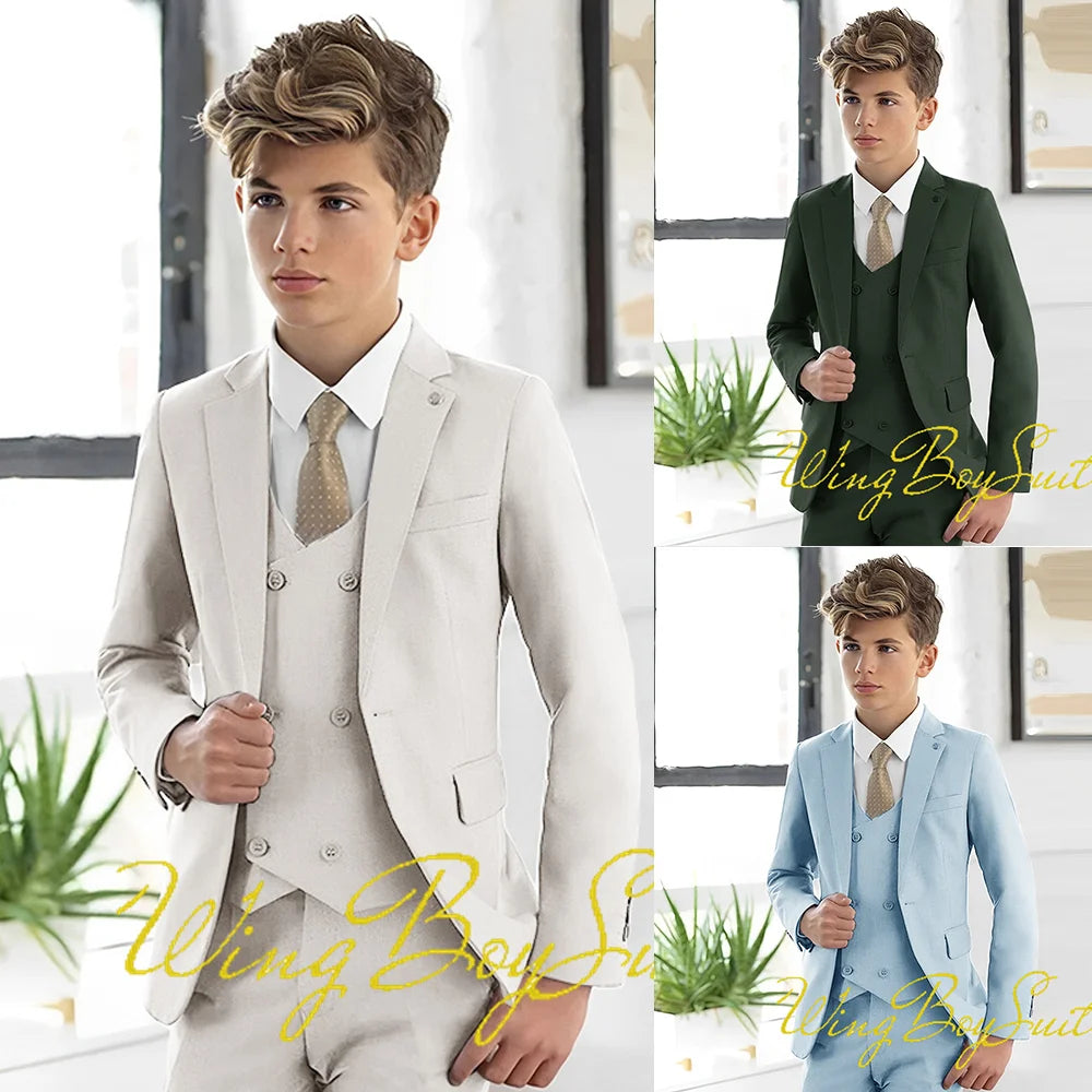 Veste et pantalon ivoire 3 pièces pour garçons, blazer slim design pour enfants, smoking de mariage, vêtements d'affaires