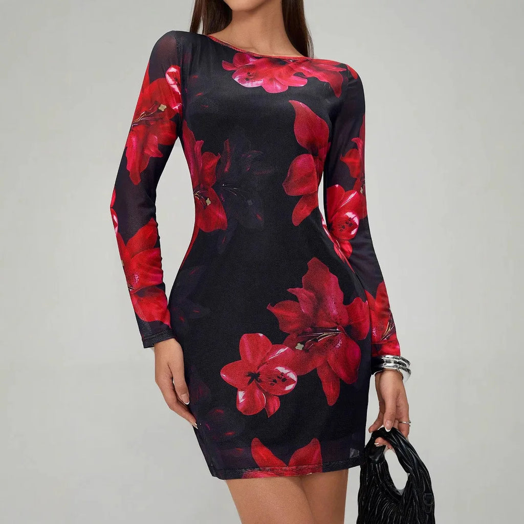 Mini-jupe moulante sexy pour femme, à manches longues, imprimé floral, col rond, en maille, pour soirée, club ou rendez-vous, collection automne