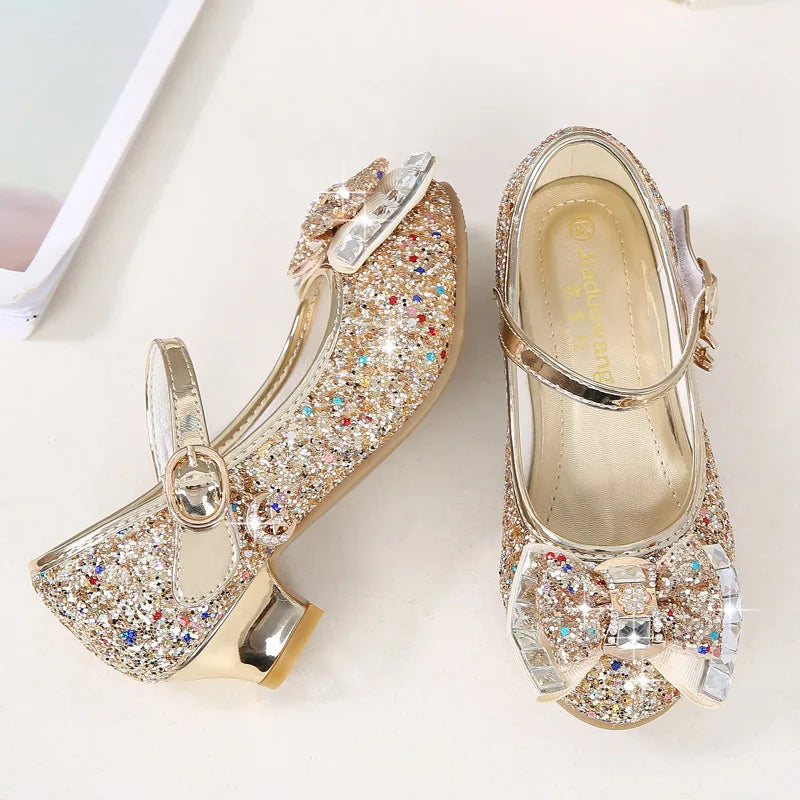 Chaussures princesse en cuir pour filles, chaussures à fleurs décontractées à paillettes, talons hauts, nœud papillon, bleu, rose, argent