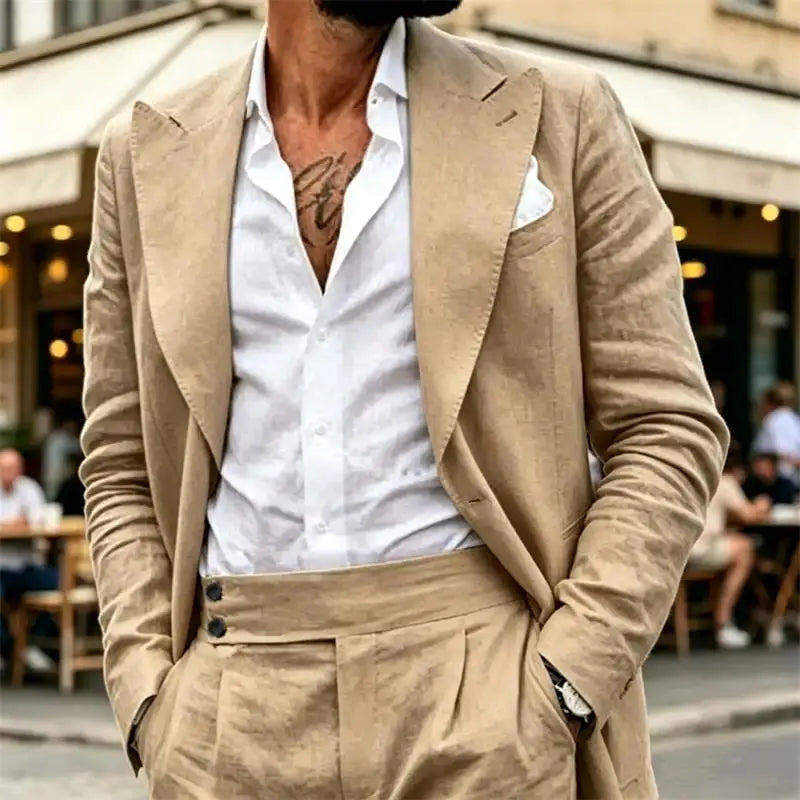 Ensemble de costume en lin 2 pièces pour homme – Coupe ajustée décontractée légère pour l'été – Blazer et pantalon pour la plage, mariage, bal de promo, soirée