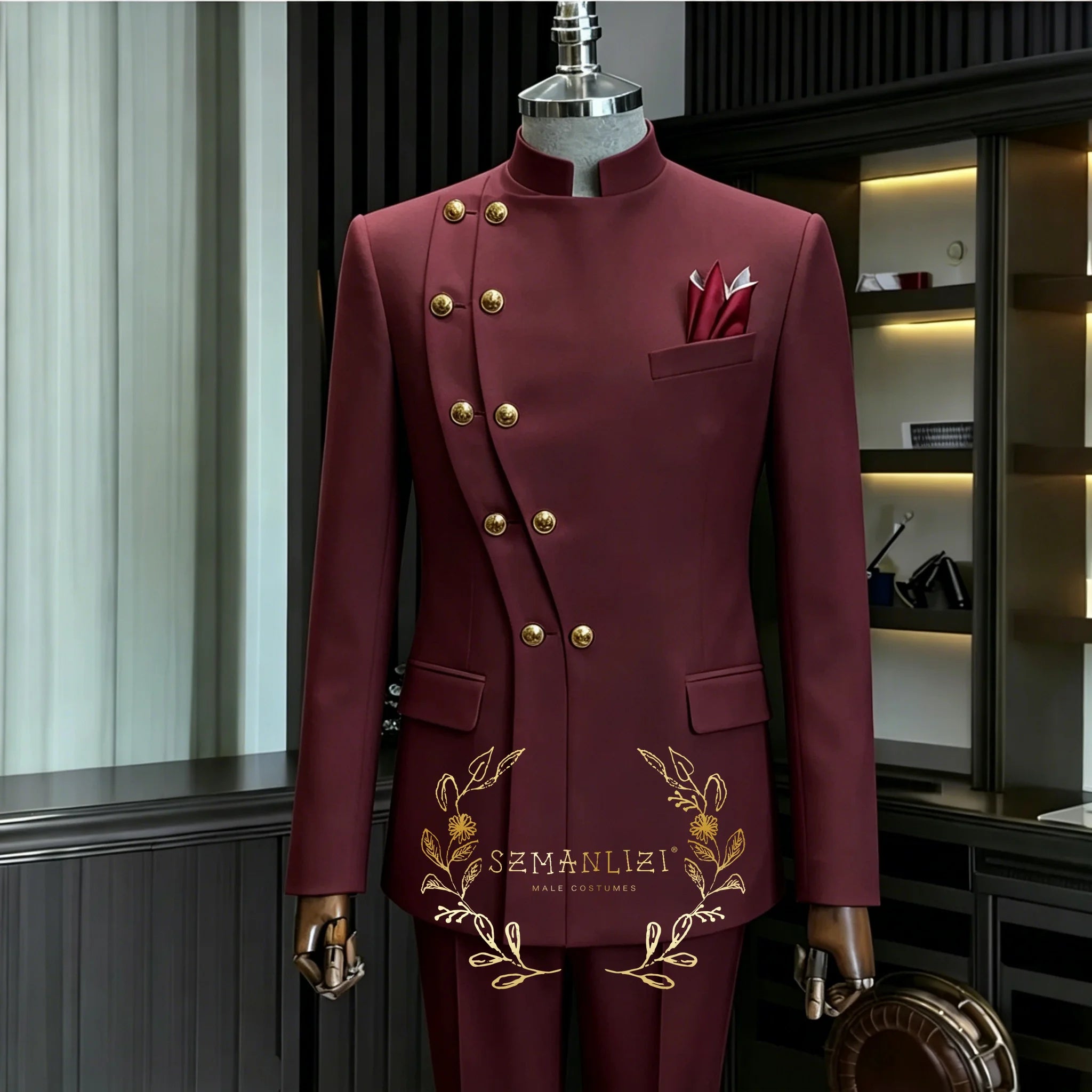 Costume de Mariage Homme Bleu Marine Croisé à Double Boutonnage Col Montant – 2 Pièces (Blazer + Pantalon) – Idéal pour le Marié ou le Garçon d'Honneur