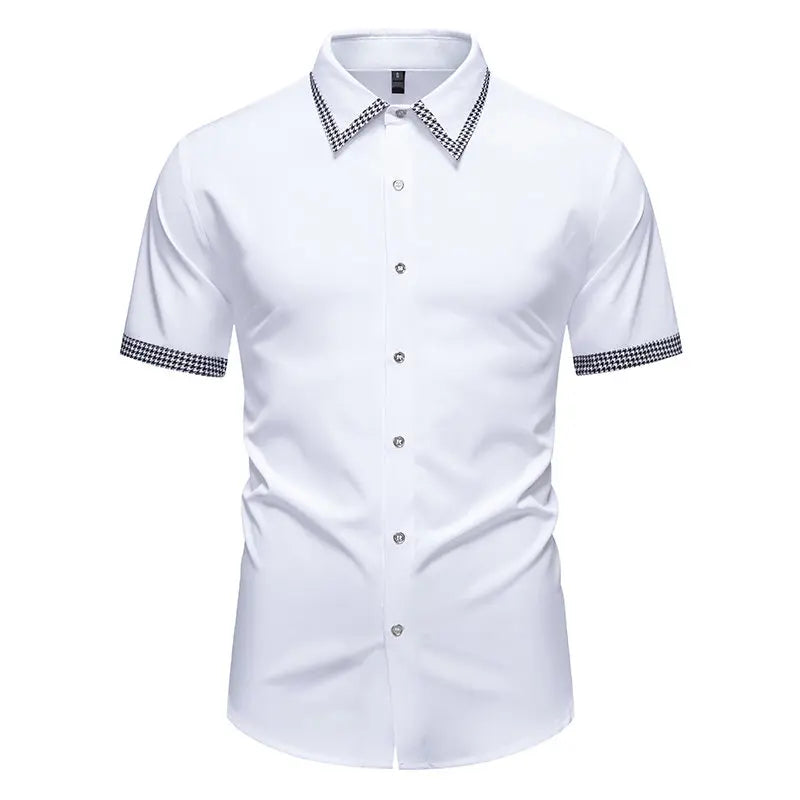Chemise blanche décontractée à manches courtes pour homme, col à revers à simple boutonnage, chemises de bureau tendance pour homme avec patchwork