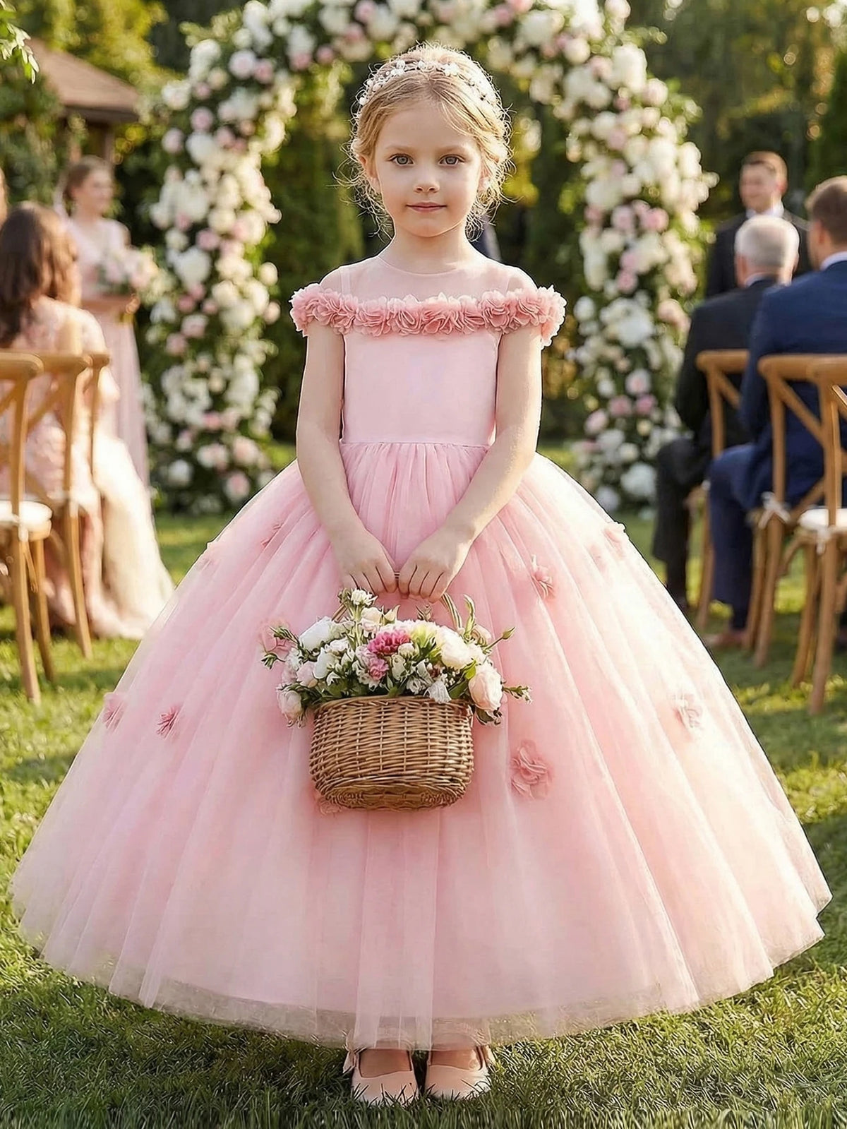 Robe de princesse florale pour adolescentes, ornée de fleurs 3D, confectionnée en tulle luxueux, idéale pour les fêtes et les mariages
