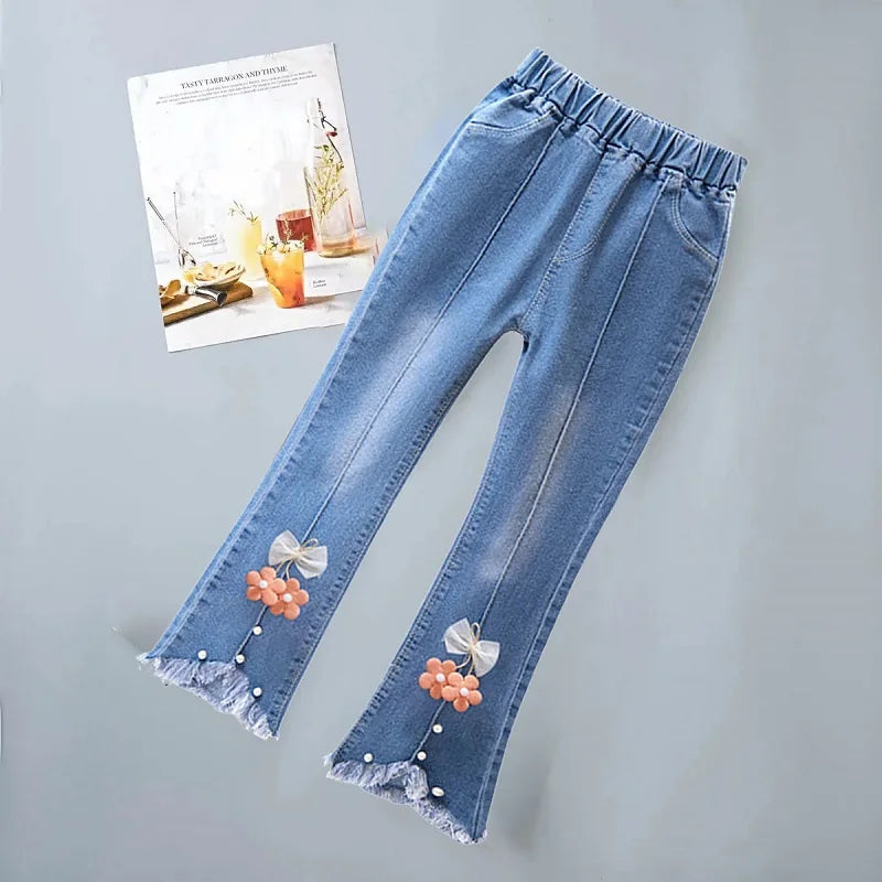 Jeans pour filles de 3 à 12 ans, pantalons longs en dentelle, à la mode, doux, avec nœud coréen, évasé, amples, décontractés, nouvelle collection 2024