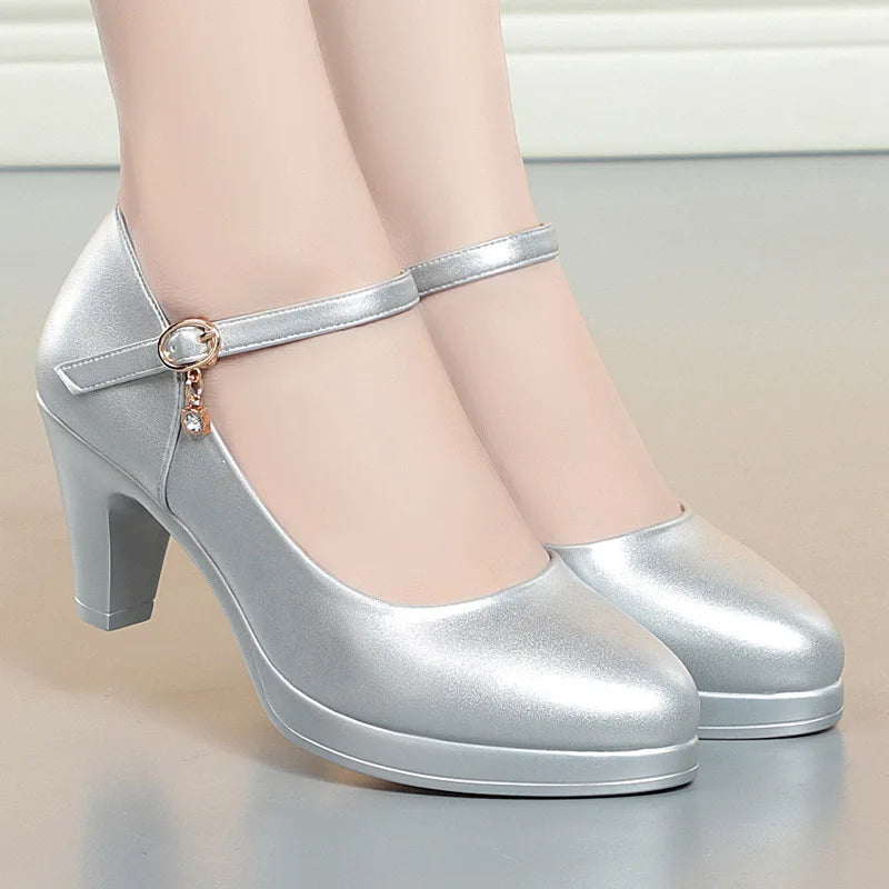Chaussures de mariage femme en cuir souple respirant, talon bloc moyen 6,5 cm, plateforme 2026, couleur argent et rouge, pour le bureau et les mamans