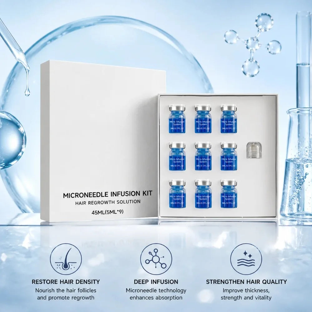 Kit de soins capillaires à micro-aiguilles pour usage domestique, contenant un sérum nutritif, formule douce pour l'entretien quotidien du cuir chevelu