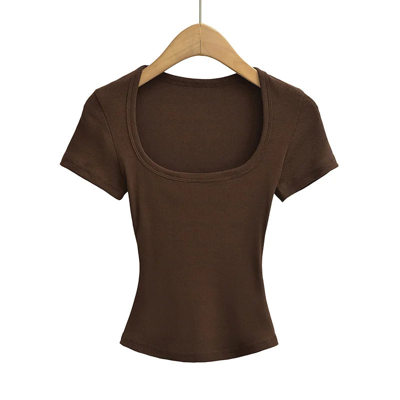 Col carré haute Stretch été culture hauts femmes à manches courtes hauts Sexy pull sommets Blouses mince T-shirt