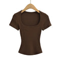 Col carré haute Stretch été culture hauts femmes à manches courtes hauts Sexy pull sommets Blouses mince T-shirt