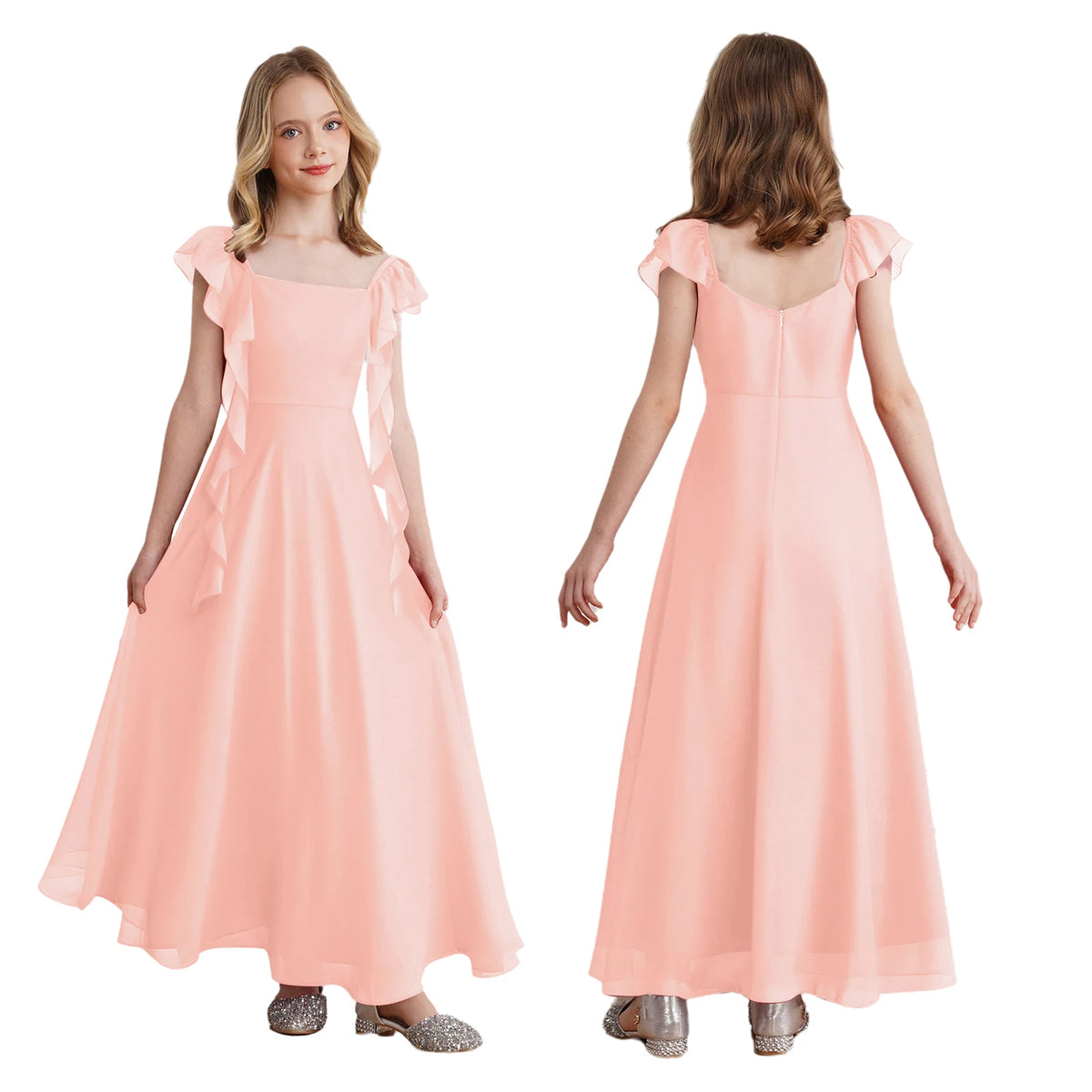 Robes de demoiselle d'honneur junior pour adolescentes, robe à fleurs, bretelles à volants, en mousseline de soie, robe d'été formelle pour fête de mariage, spectacle, Banquet
